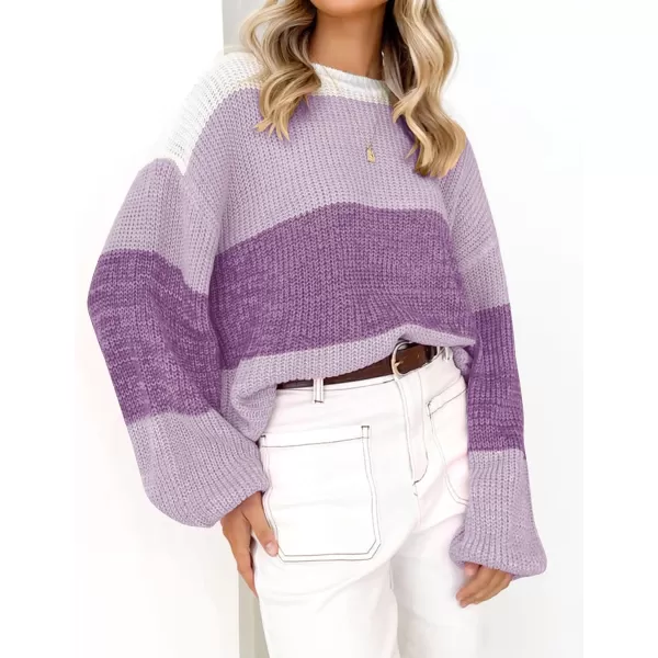imageZESICA Womens Casual Long Sleeve Crew Neck Striped Color Block Oversized Loose Fit Soft Knit Sweater Pullover TopsTaro