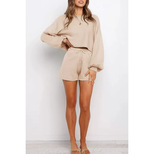 imageZESICA Womens Casual Long Sleeve Solid Color Knit Pullover Sweatsuit 2 Piece Short Sweater Outfits SetsApricot