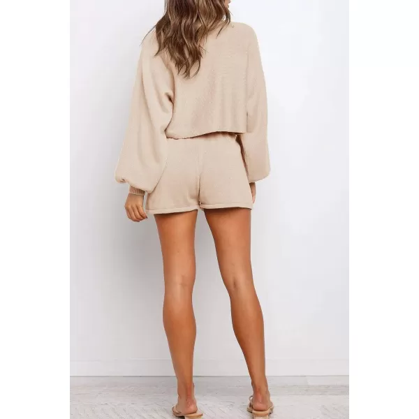 imageZESICA Womens Casual Long Sleeve Solid Color Knit Pullover Sweatsuit 2 Piece Short Sweater Outfits SetsApricot