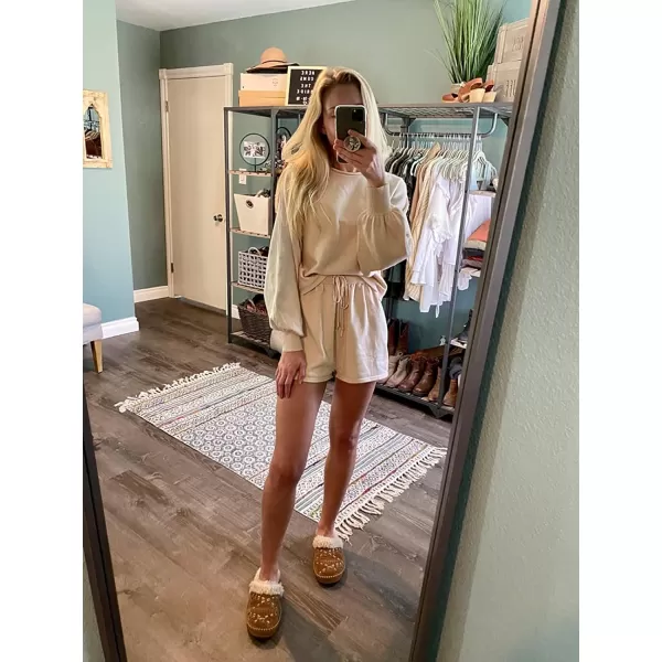 imageZESICA Womens Casual Long Sleeve Solid Color Knit Pullover Sweatsuit 2 Piece Short Sweater Outfits SetsApricot