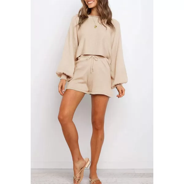 imageZESICA Womens Casual Long Sleeve Solid Color Knit Pullover Sweatsuit 2 Piece Short Sweater Outfits SetsApricot
