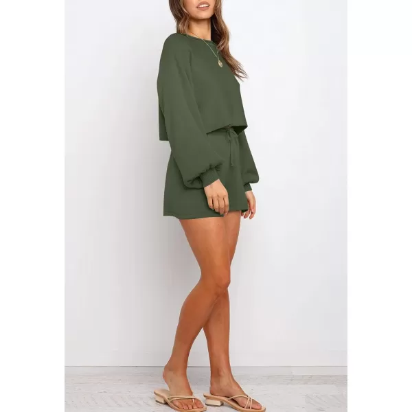 imageZESICA Womens Casual Long Sleeve Solid Color Knit Pullover Sweatsuit 2 Piece Short Sweater Outfits SetsArmygreen