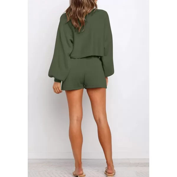 imageZESICA Womens Casual Long Sleeve Solid Color Knit Pullover Sweatsuit 2 Piece Short Sweater Outfits SetsArmygreen