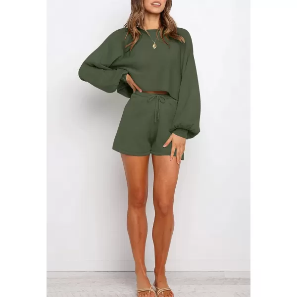 imageZESICA Womens Casual Long Sleeve Solid Color Knit Pullover Sweatsuit 2 Piece Short Sweater Outfits SetsArmygreen