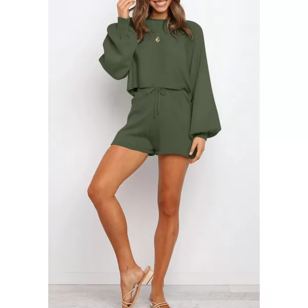 imageZESICA Womens Casual Long Sleeve Solid Color Knit Pullover Sweatsuit 2 Piece Short Sweater Outfits SetsArmygreen