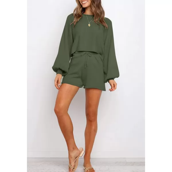 imageZESICA Womens Casual Long Sleeve Solid Color Knit Pullover Sweatsuit 2 Piece Short Sweater Outfits SetsArmygreen