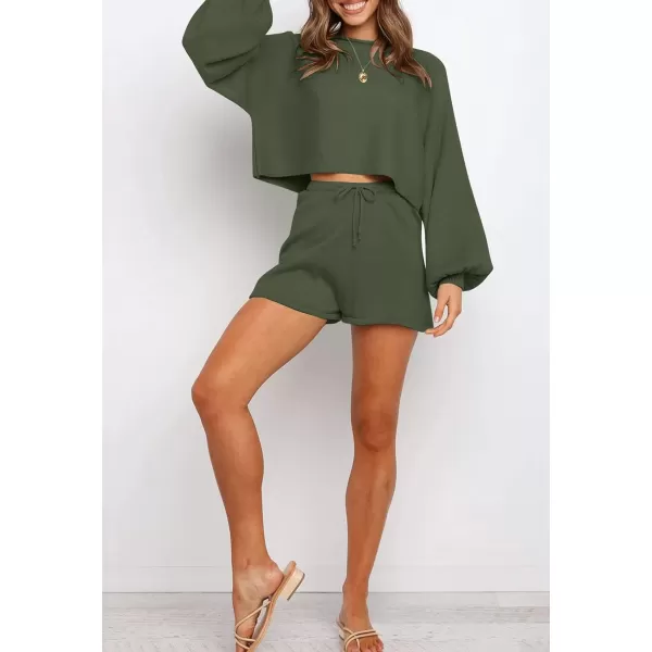 imageZESICA Womens Casual Long Sleeve Solid Color Knit Pullover Sweatsuit 2 Piece Short Sweater Outfits SetsArmygreen