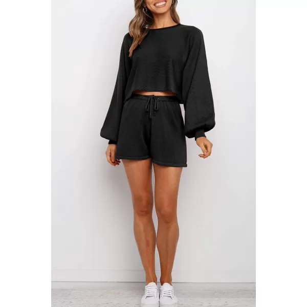 imageZESICA Womens Casual Long Sleeve Solid Color Knit Pullover Sweatsuit 2 Piece Short Sweater Outfits SetsBlack