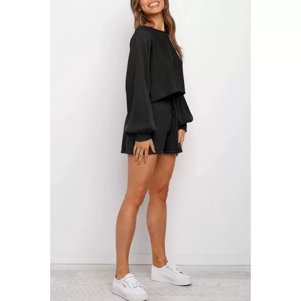 imageZESICA Womens Casual Long Sleeve Solid Color Knit Pullover Sweatsuit 2 Piece Short Sweater Outfits SetsBlack