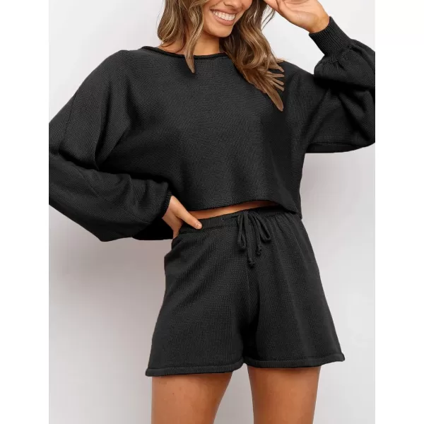 imageZESICA Womens Casual Long Sleeve Solid Color Knit Pullover Sweatsuit 2 Piece Short Sweater Outfits SetsBlack