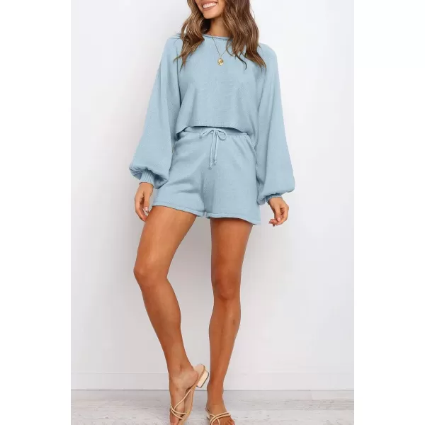 imageZESICA Womens Casual Long Sleeve Solid Color Knit Pullover Sweatsuit 2 Piece Short Sweater Outfits SetsBlue