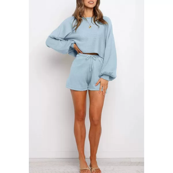 imageZESICA Womens Casual Long Sleeve Solid Color Knit Pullover Sweatsuit 2 Piece Short Sweater Outfits SetsBlue