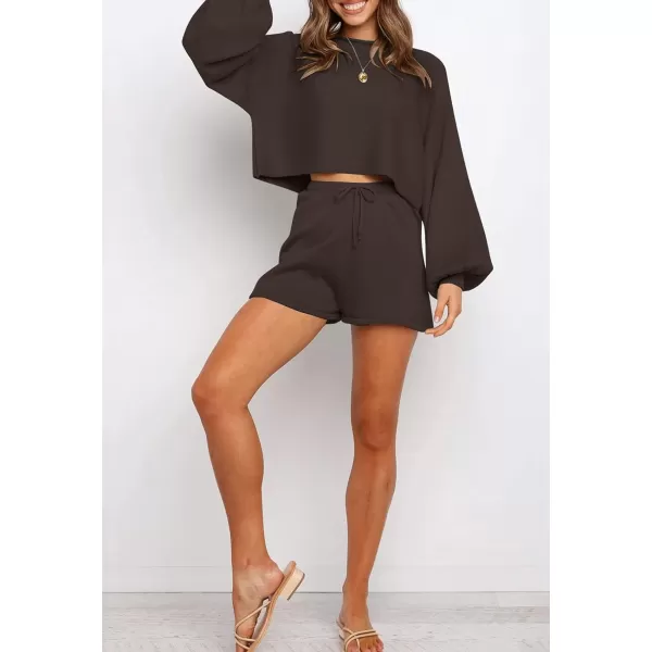 imageZESICA Womens Casual Long Sleeve Solid Color Knit Pullover Sweatsuit 2 Piece Short Sweater Outfits SetsCoffee