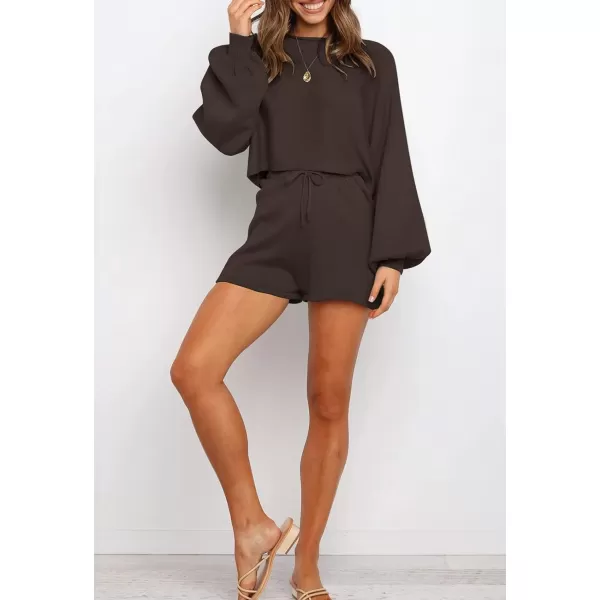 imageZESICA Womens Casual Long Sleeve Solid Color Knit Pullover Sweatsuit 2 Piece Short Sweater Outfits SetsCoffee