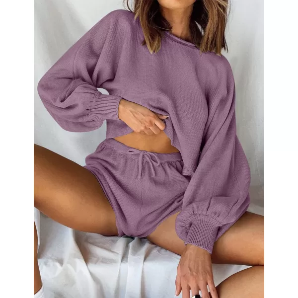 imageZESICA Womens Casual Long Sleeve Solid Color Knit Pullover Sweatsuit 2 Piece Short Sweater Outfits SetsDustypurple