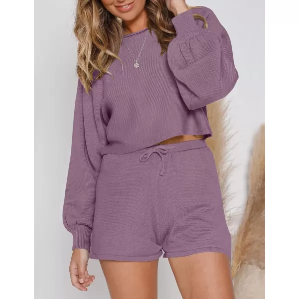 imageZESICA Womens Casual Long Sleeve Solid Color Knit Pullover Sweatsuit 2 Piece Short Sweater Outfits SetsDustypurple