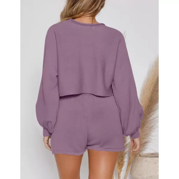 imageZESICA Womens Casual Long Sleeve Solid Color Knit Pullover Sweatsuit 2 Piece Short Sweater Outfits SetsDustypurple