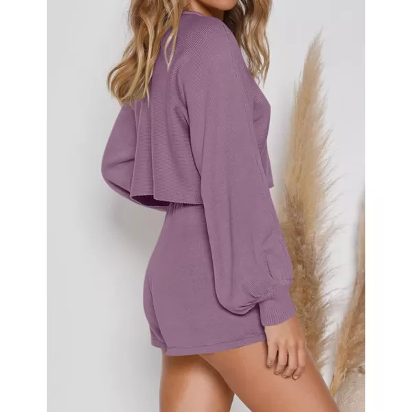 imageZESICA Womens Casual Long Sleeve Solid Color Knit Pullover Sweatsuit 2 Piece Short Sweater Outfits SetsDustypurple