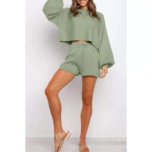 imageZESICA Womens Casual Long Sleeve Solid Color Knit Pullover Sweatsuit 2 Piece Short Sweater Outfits SetsGreen
