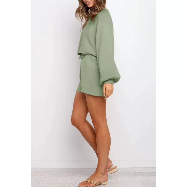 imageZESICA Womens Casual Long Sleeve Solid Color Knit Pullover Sweatsuit 2 Piece Short Sweater Outfits SetsGreen