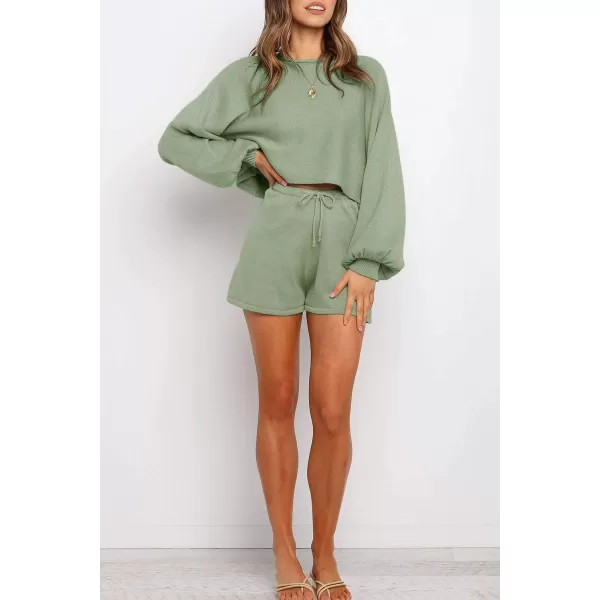 imageZESICA Womens Casual Long Sleeve Solid Color Knit Pullover Sweatsuit 2 Piece Short Sweater Outfits SetsGreen