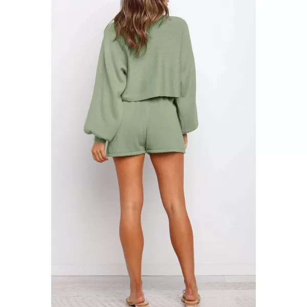 imageZESICA Womens Casual Long Sleeve Solid Color Knit Pullover Sweatsuit 2 Piece Short Sweater Outfits SetsGreen
