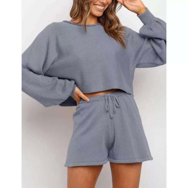 imageZESICA Womens Casual Long Sleeve Solid Color Knit Pullover Sweatsuit 2 Piece Short Sweater Outfits SetsGrey