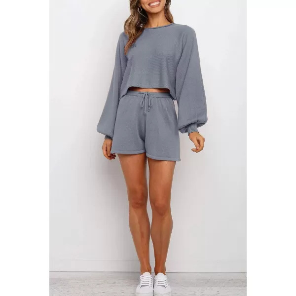 imageZESICA Womens Casual Long Sleeve Solid Color Knit Pullover Sweatsuit 2 Piece Short Sweater Outfits SetsGrey
