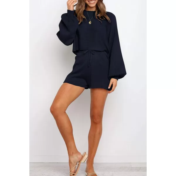 imageZESICA Womens Casual Long Sleeve Solid Color Knit Pullover Sweatsuit 2 Piece Short Sweater Outfits SetsNavy