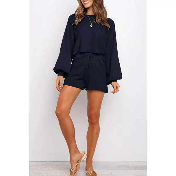 imageZESICA Womens Casual Long Sleeve Solid Color Knit Pullover Sweatsuit 2 Piece Short Sweater Outfits SetsNavy