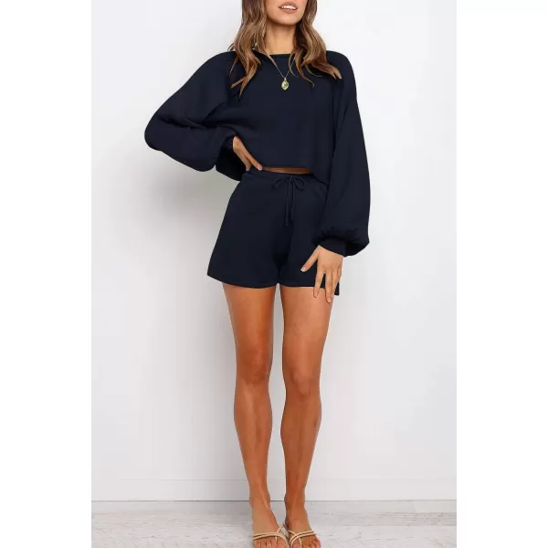 imageZESICA Womens Casual Long Sleeve Solid Color Knit Pullover Sweatsuit 2 Piece Short Sweater Outfits SetsNavy