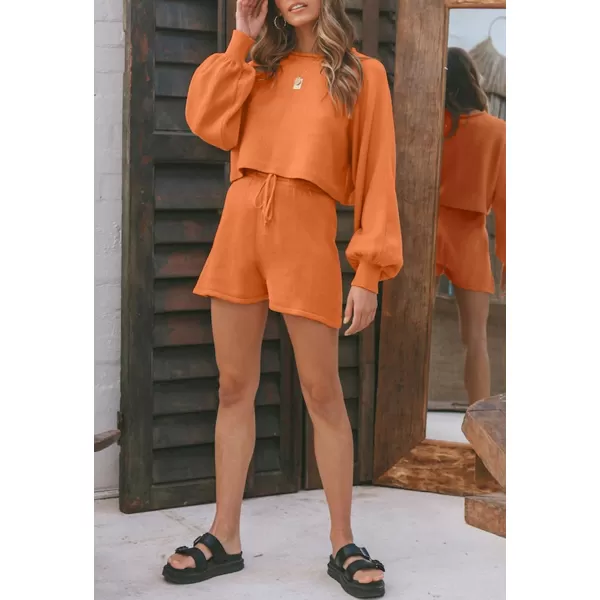 imageZESICA Womens Casual Long Sleeve Solid Color Knit Pullover Sweatsuit 2 Piece Short Sweater Outfits SetsOrange