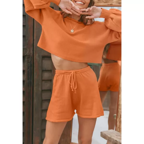 imageZESICA Womens Casual Long Sleeve Solid Color Knit Pullover Sweatsuit 2 Piece Short Sweater Outfits SetsOrange