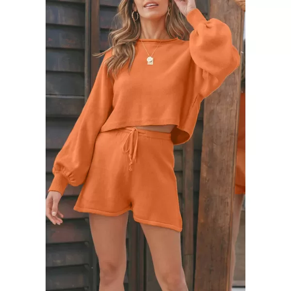 imageZESICA Womens Casual Long Sleeve Solid Color Knit Pullover Sweatsuit 2 Piece Short Sweater Outfits SetsOrange