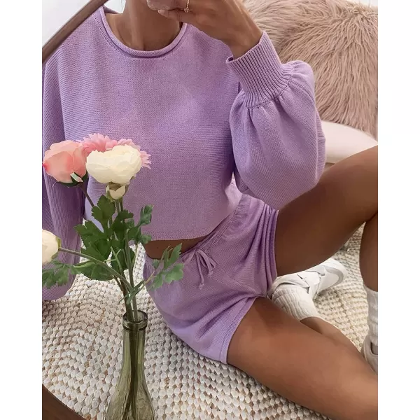 imageZESICA Womens Casual Long Sleeve Solid Color Knit Pullover Sweatsuit 2 Piece Short Sweater Outfits SetsPurple