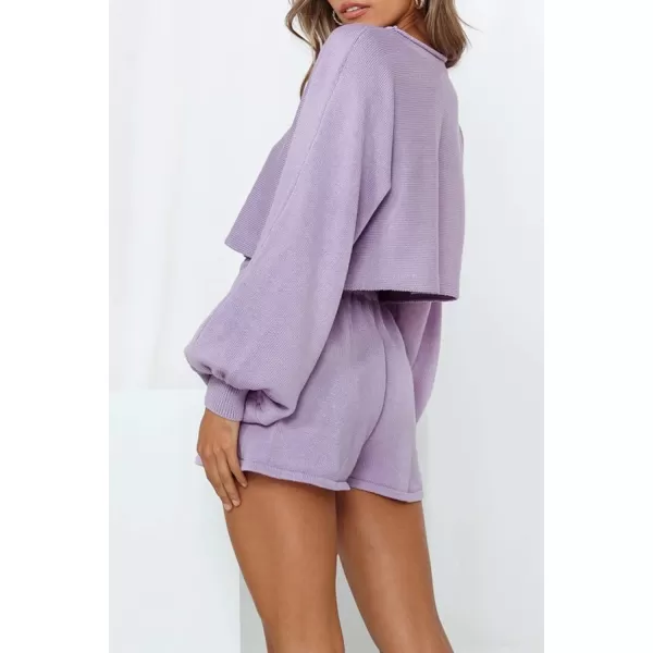 imageZESICA Womens Casual Long Sleeve Solid Color Knit Pullover Sweatsuit 2 Piece Short Sweater Outfits SetsPurple