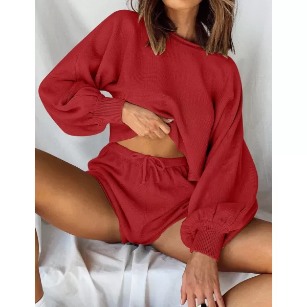 imageZESICA Womens Casual Long Sleeve Solid Color Knit Pullover Sweatsuit 2 Piece Short Sweater Outfits SetsRed
