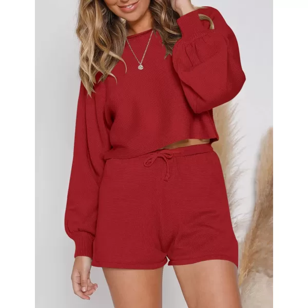 imageZESICA Womens Casual Long Sleeve Solid Color Knit Pullover Sweatsuit 2 Piece Short Sweater Outfits SetsRed