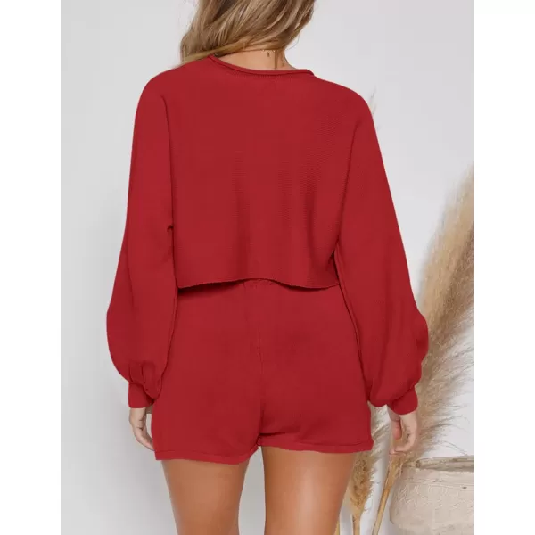imageZESICA Womens Casual Long Sleeve Solid Color Knit Pullover Sweatsuit 2 Piece Short Sweater Outfits SetsRed