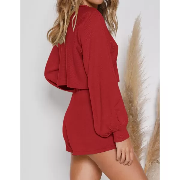 imageZESICA Womens Casual Long Sleeve Solid Color Knit Pullover Sweatsuit 2 Piece Short Sweater Outfits SetsRed