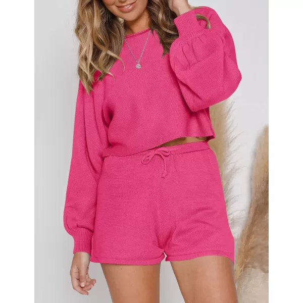 imageZESICA Womens Casual Long Sleeve Solid Color Knit Pullover Sweatsuit 2 Piece Short Sweater Outfits SetsRose
