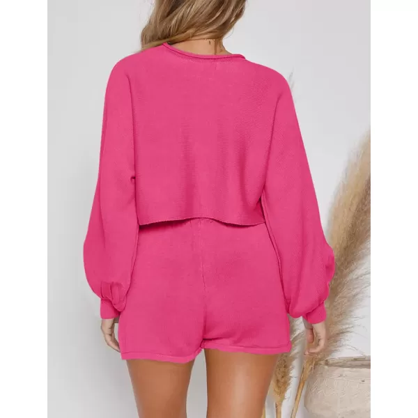 imageZESICA Womens Casual Long Sleeve Solid Color Knit Pullover Sweatsuit 2 Piece Short Sweater Outfits SetsRose