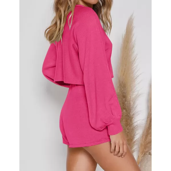 imageZESICA Womens Casual Long Sleeve Solid Color Knit Pullover Sweatsuit 2 Piece Short Sweater Outfits SetsRose