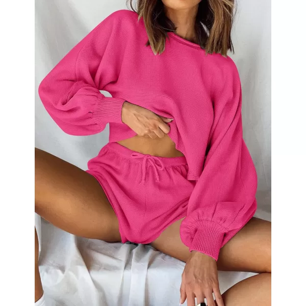 imageZESICA Womens Casual Long Sleeve Solid Color Knit Pullover Sweatsuit 2 Piece Short Sweater Outfits SetsRose