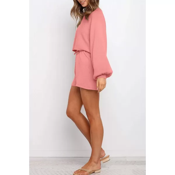 imageZESICA Womens Casual Long Sleeve Solid Color Knit Pullover Sweatsuit 2 Piece Short Sweater Outfits SetsRosepink