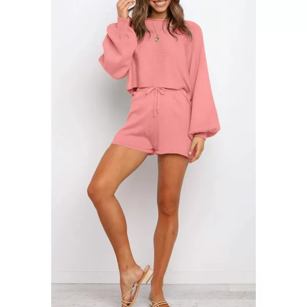 imageZESICA Womens Casual Long Sleeve Solid Color Knit Pullover Sweatsuit 2 Piece Short Sweater Outfits SetsRosepink