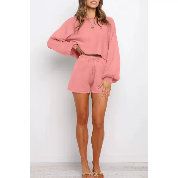 imageZESICA Womens Casual Long Sleeve Solid Color Knit Pullover Sweatsuit 2 Piece Short Sweater Outfits SetsRosepink