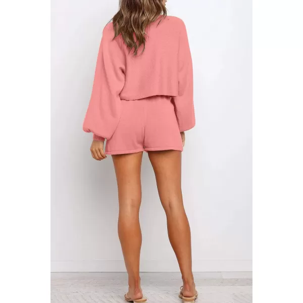 imageZESICA Womens Casual Long Sleeve Solid Color Knit Pullover Sweatsuit 2 Piece Short Sweater Outfits SetsRosepink