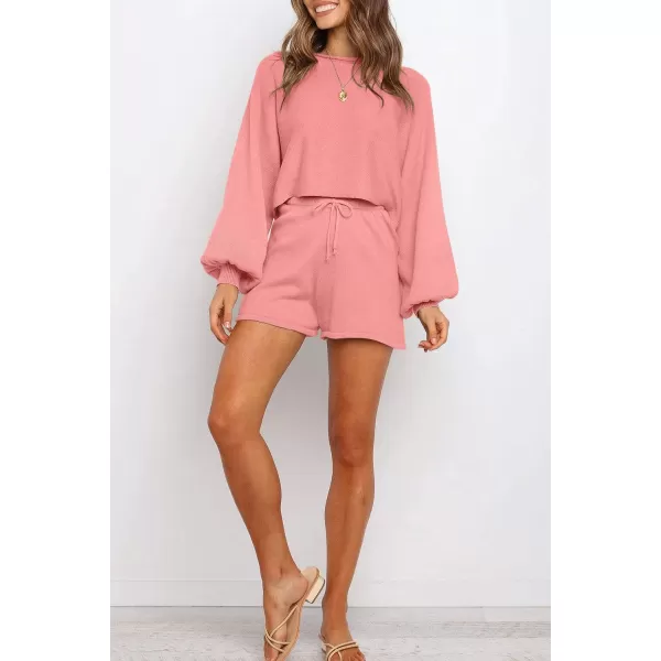 imageZESICA Womens Casual Long Sleeve Solid Color Knit Pullover Sweatsuit 2 Piece Short Sweater Outfits SetsRosepink