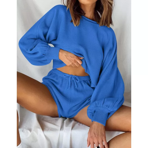 imageZESICA Womens Casual Long Sleeve Solid Color Knit Pullover Sweatsuit 2 Piece Short Sweater Outfits SetsRoyalblue